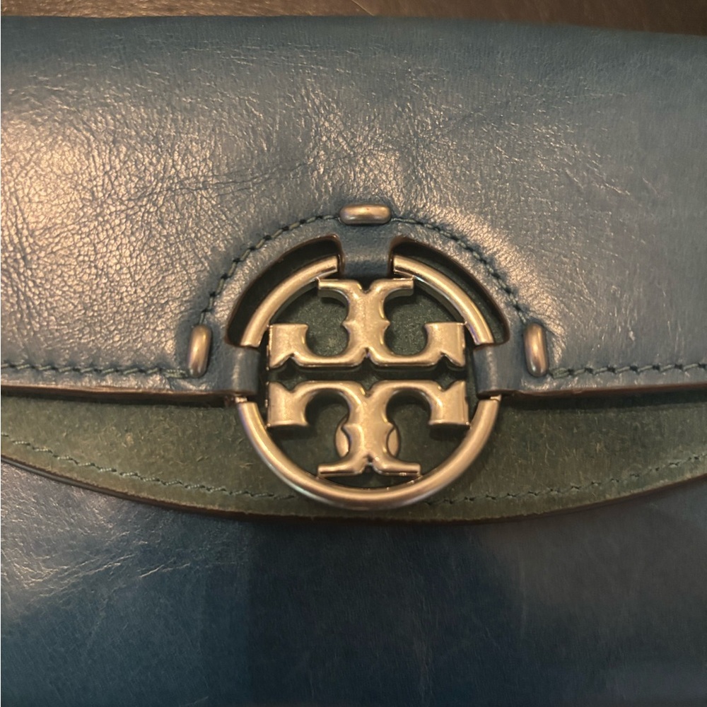 Tory Burch Blue Leather Bag with Silver Logo